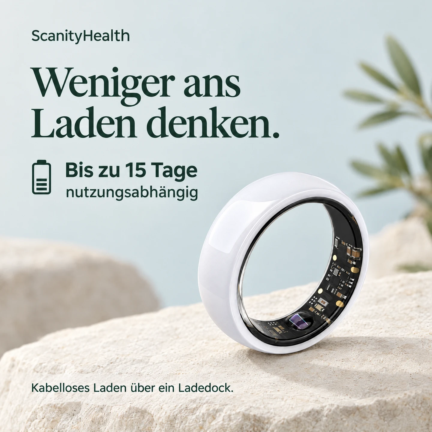 Keramikring: Bis zu 15 Tage Akkulaufzeit, nutzungsabhängig. Kabelloses Laden über ein Ladedock.