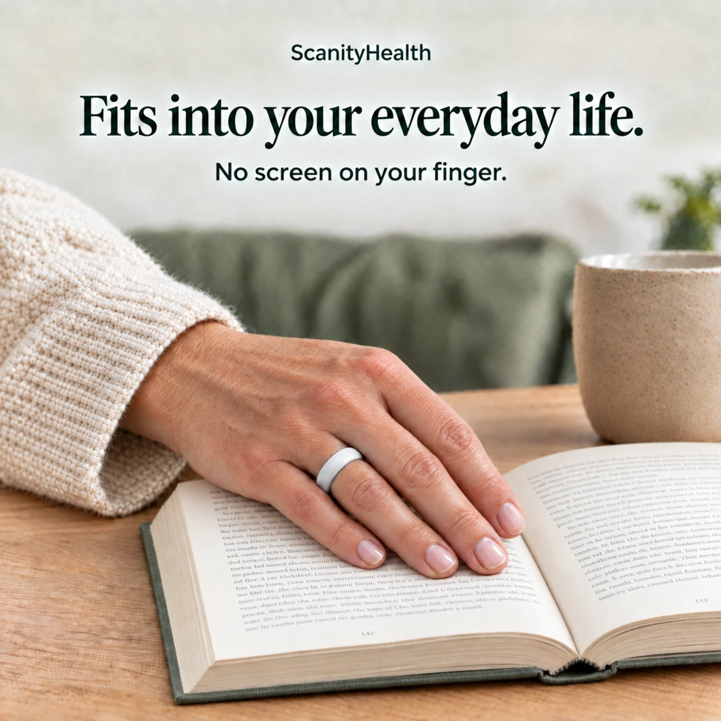 A woman rests her hand, wearing a white ceramic ring, on an open book. AI-created reading scene.