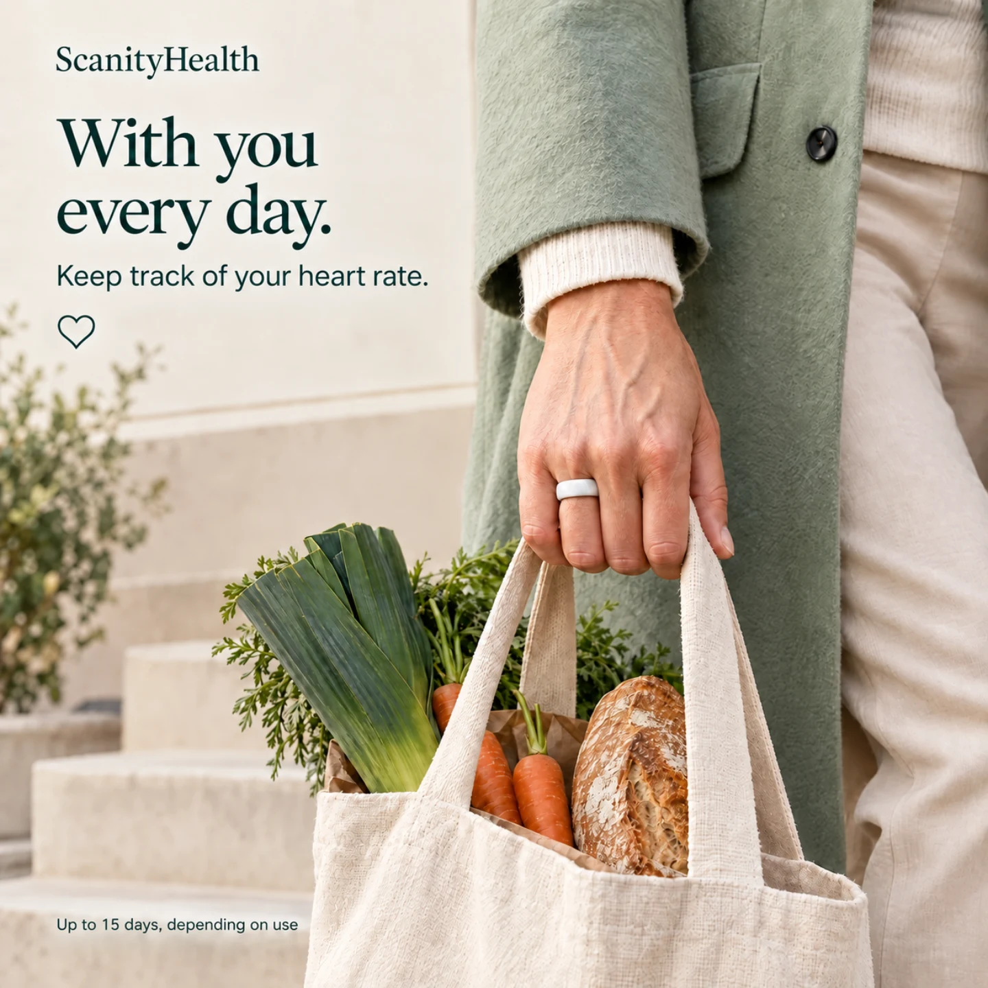 A woman carries a shopping bag. Her white ceramic ring is visible on her ring finger. AI-created everyday scene.
