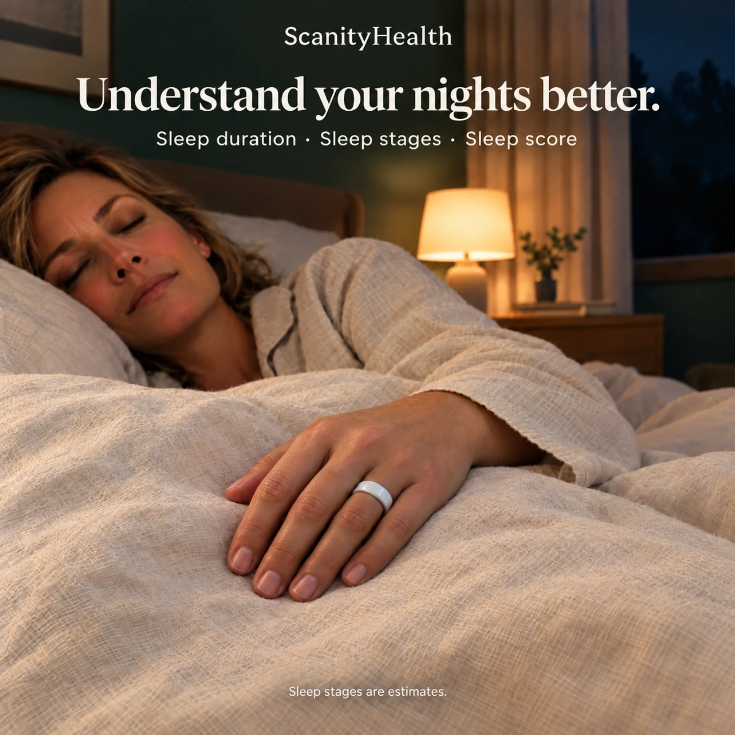 A woman settles down in bed wearing her white ceramic ring on her ring finger. Sleep stages are estimates. AI-created night-time scene.